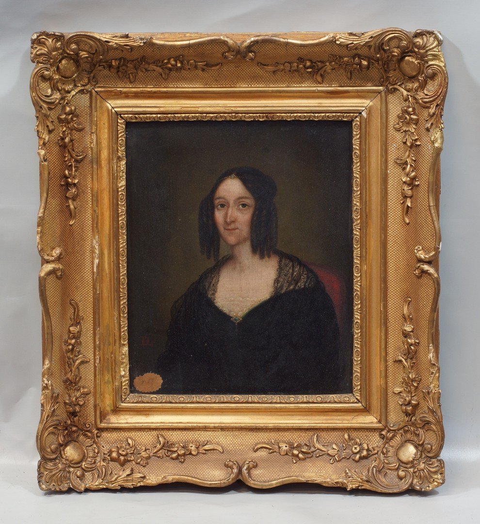 Continental School, 19th Century, oil on wood panel,: Continental School, 19th Century, oil on wood panel, Portrait of Woman, monogrammed "D" in red lower left, 10 1/4" x 8 1/2" sight size, 17" x 15" framed, in ornately carved gilt frame