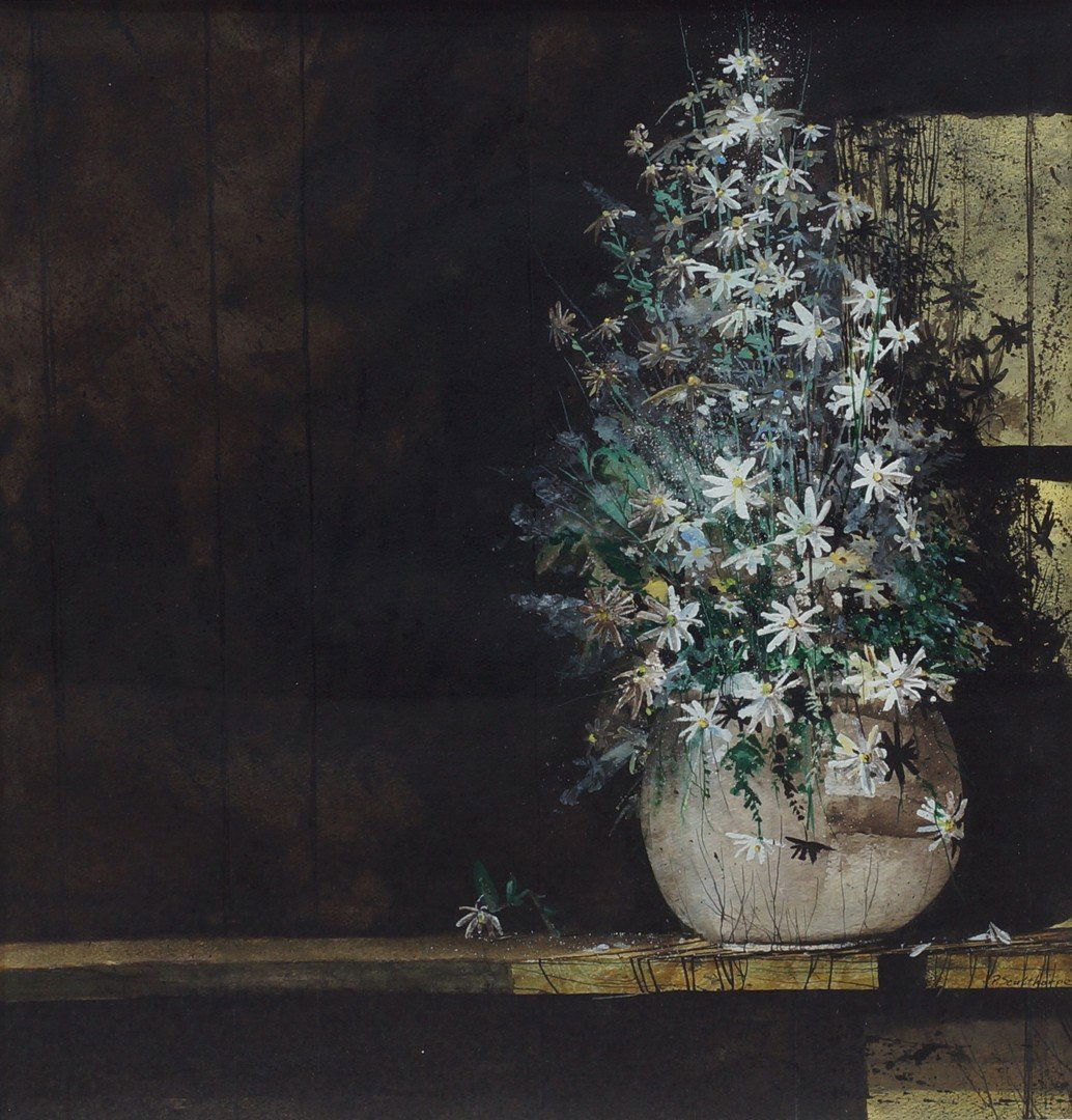 Peter Sculthorpe, American, PA/DE, b 1948, watercolor: Peter Sculthorpe, American, PA/DE, b 1948, watercolor and gouache on paper, Flowers on Windowsill, signed lower right, 16" x 15 1/2" sight size, 26 1/2" x 26" framed