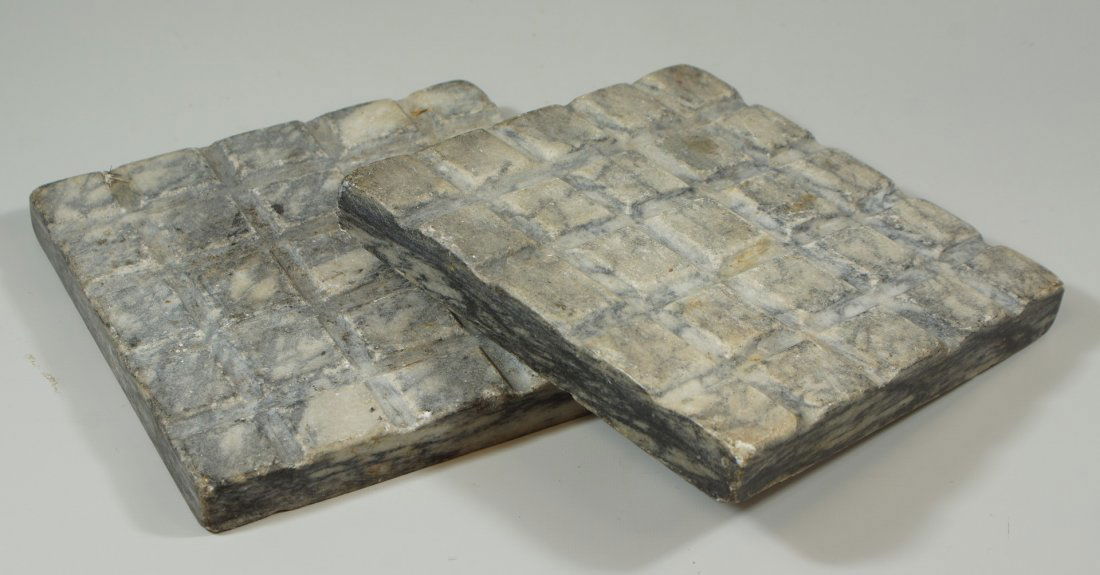 (2) gray & white King of Prussia marble fireplace tool: (2) gray & white King of Prussia marble fireplace tool blocks, 7" square