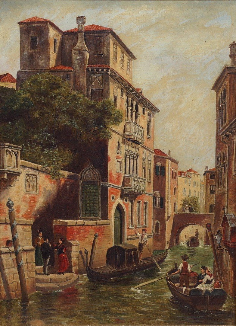 Arthur Clark Johnson, American, b, oil onboard, Venice: Arthur Clark Johnson, American, b, oil onboard, Venice Canal Scene, signed lower left, 14 1/2" x 10 1/2" sight size, 21" x 17" framed
