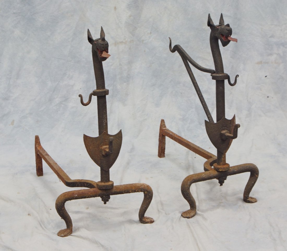 Cast & wrought iron dragon head andirons, spit holder: Cast & wrought iron dragon head andirons, spit holder missing from one, considerable rust on surfaces, 27" tall, probably 19th c