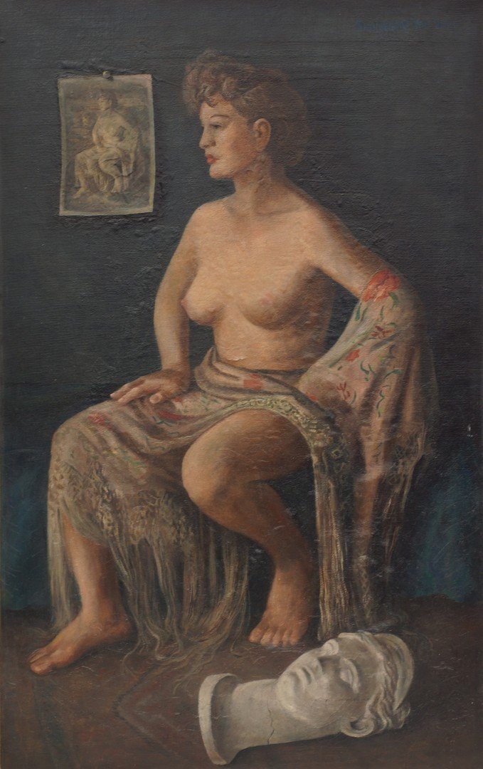 Stuyvesant Van Veen, American, 1910-1977, oil on: Stuyvesant Van Veen, American, 1910-1977, oil on canvas, "Ode to Bougereau", 1940-1941, signed upper right, signed, titled, and dated on verso, 54 3/4" x 34 3/4" overall, two areas of bulging and smal