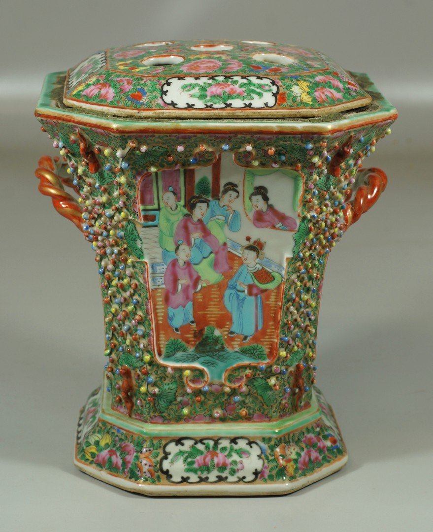 Chinese Export Porcelain Rose Medallion bough pot,: Chinese Export Porcelain Rose Medallion bough pot, original pierced lid, hairline in lid, repair to one handle, 9 1/2" h