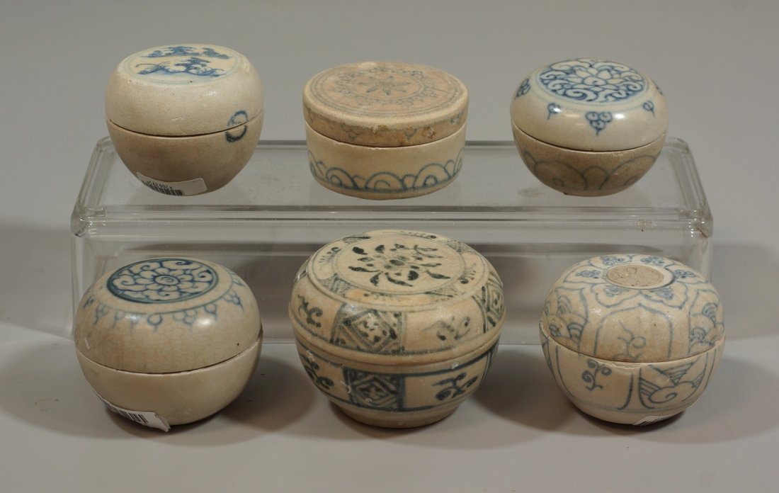6 Vietnamese Hoi An Hoard porcelain covered boxes, all: 6 Vietnamese Hoi An Hoard porcelain covered boxes, all with original bar codes and Hoi An stickers, largest 3" dia
