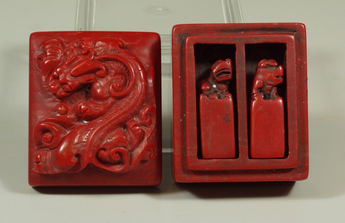 Chinese carved dragon Cheng style chicken blood stone: Chinese carved dragon Cheng style chicken blood stone stamp seal box, 2" high