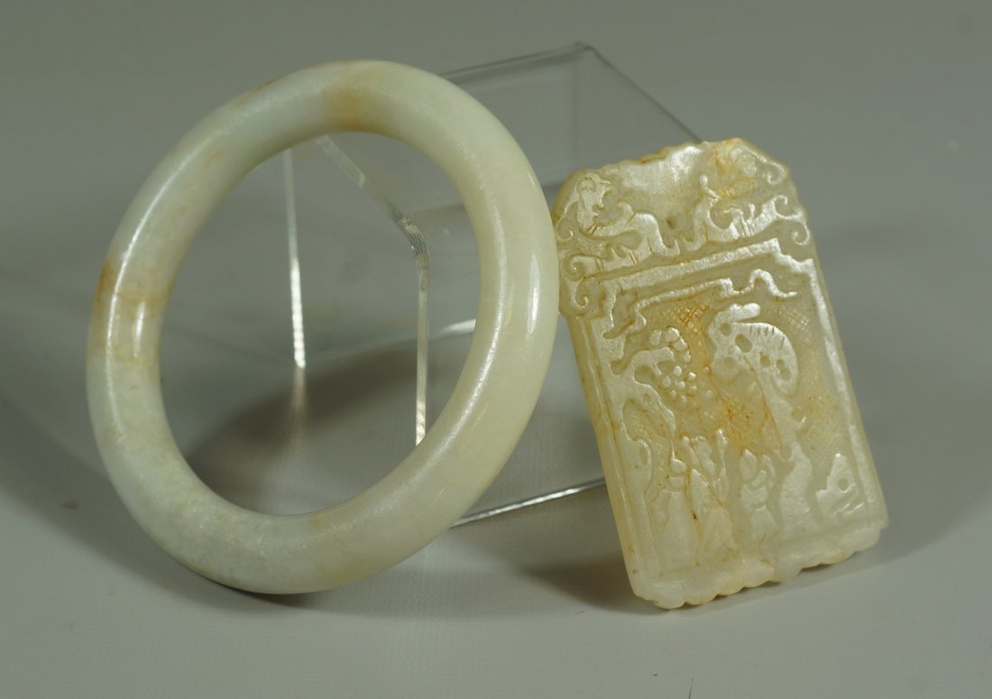 Chinese hand carved pale green hard stone bangle: Chinese hand carved pale green hard stone bangle bracelet & plaque pendant, largest 3 1/4" dia