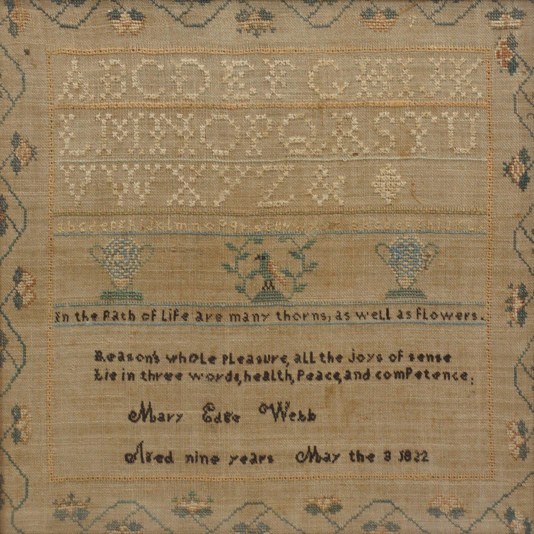Needlework sampler, Mary Edge Webb, Aged 9 Years, May: Needlework sampler, Mary Edge Webb, Aged 9 Years, May the 3 1822, berry border, "In the Path of Life are many thorns, as well as flowers", 14 3/4" x 14 1/2", in a nice birdseye maple frame