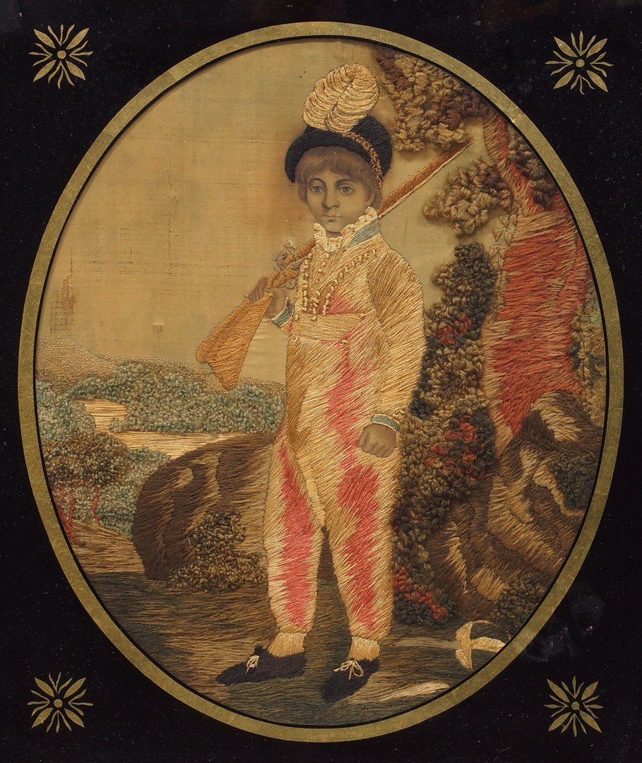 Oval English silk, wool, & painted embroidery, Young: Oval English silk, wool, & painted embroidery, Young man with a flintlock rifle to his shoulder, 12 3/8" x 10 1/4", black painted glass mat