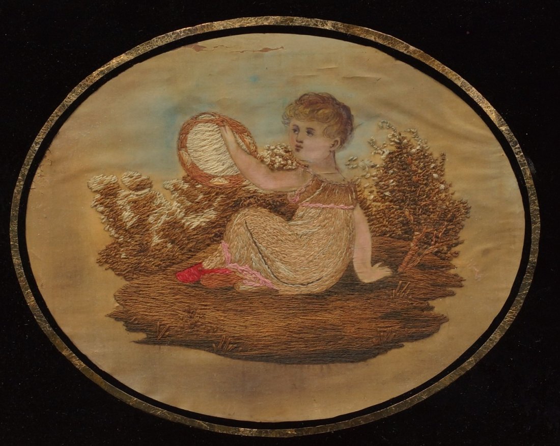 Oval English silk & painted embroidery, Young girl: Oval English silk & painted embroidery, Young girl with a tambourine, 8 3/4" x 6 3/4", black painted glass mat