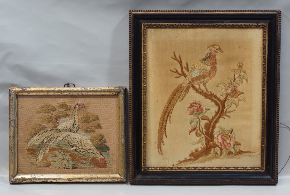 (2) English silk & painted embroidery, bird of: (2) English silk & painted embroidery, bird of paradise, 12" x 9 3/4", with a petit point panel depicting 2 birds, 6 3/4" x 8 3/4"