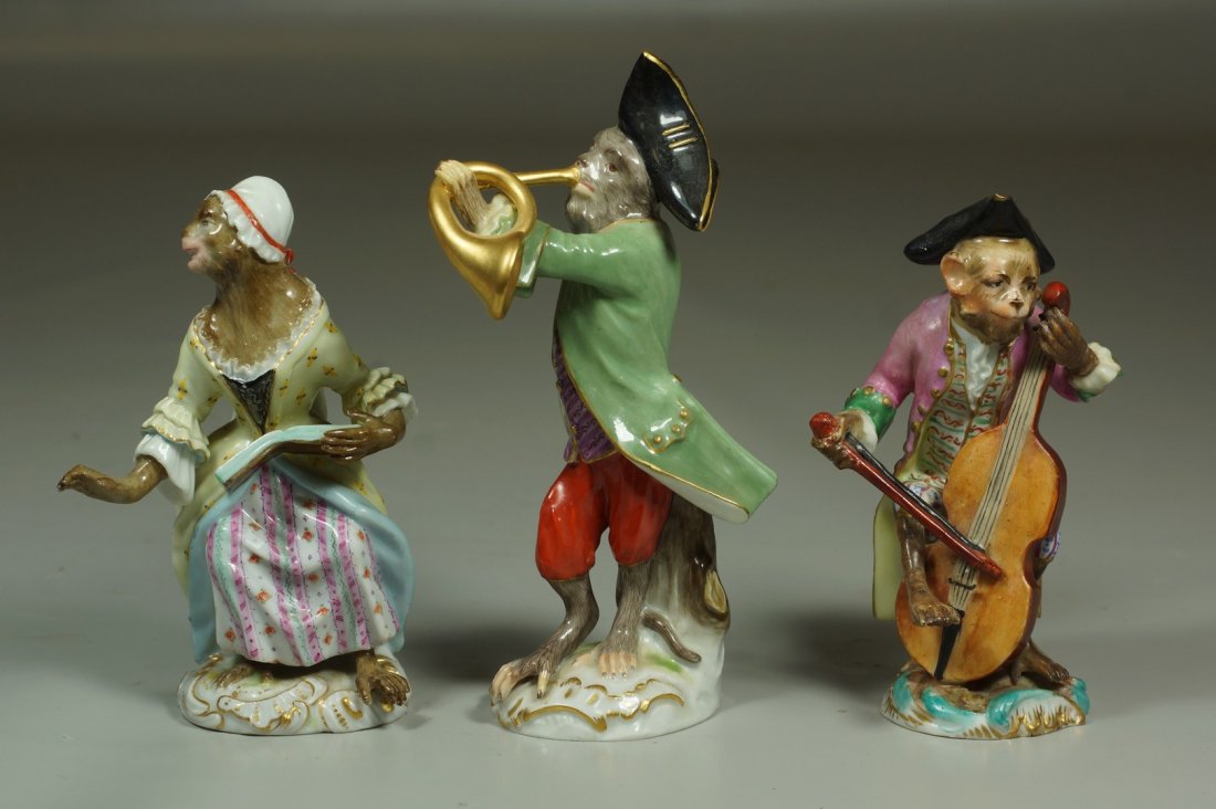 3 Meissen porcelain monkey band figures, late 19th: 3 Meissen porcelain monkey band figures, late 19th Century, comprised of a female singer, horn player and cellist, all with Meissen mark, tallest 5-1/2", Singer's fingers broken, chip of tip of ribbon