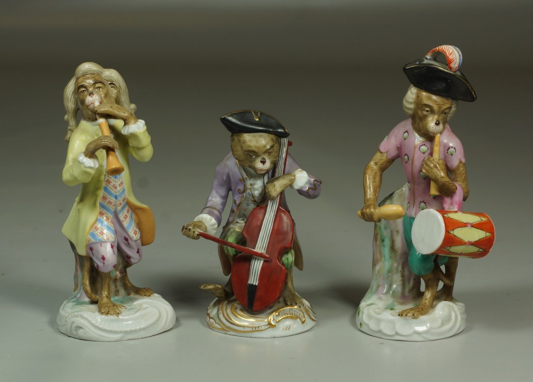 3 Continental porcelain monkey band figures, late 19th: 3 Continental porcelain monkey band figures, late 19th Century, comprised of a cellist, clarinet player and drummer, tallest 4-1/2", Nice condition.