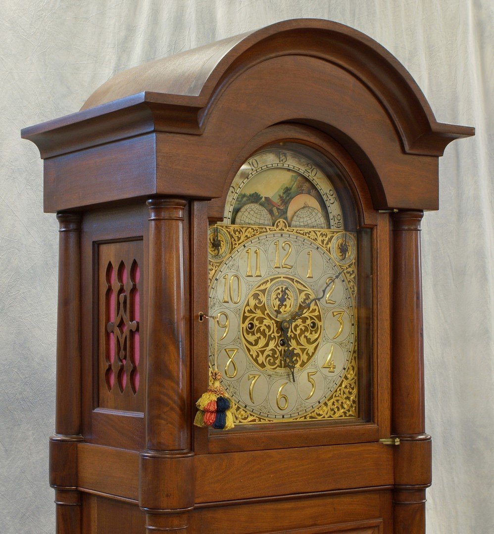 Bawo & Dotter 9 tube chiming hall clock, on epiece case: Bawo & Dotter 9 tube chiming hall clock, on epiece case with domed top flanked in its entirety by round columns, silvered and brass dial with moon phase, choice of Westminster or eight bells chiming m