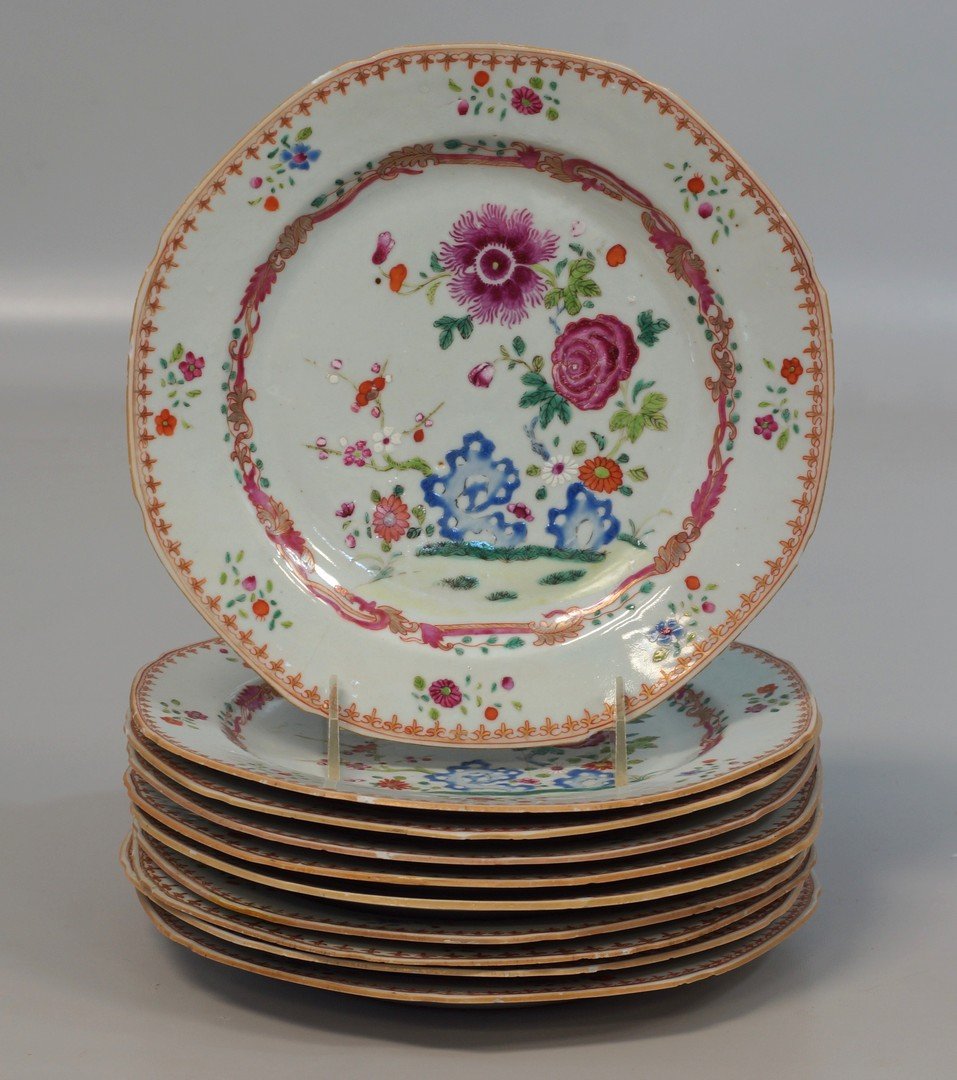 10 Chinese Export Porcelain "Famille Rose" dinner: 10 Chinese Export Porcelain "Famille Rose" dinner plates, 9" diameter, frits to rim