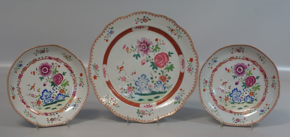 3 pc of Chinese Export Porcelain, "Famille Rose" to: 3 pc of Chinese Export Porcelain, "Famille Rose" to include: Charger, 13-1/2" diameter; pair of shallow bowls 9 7/8" diameter, frits to rim