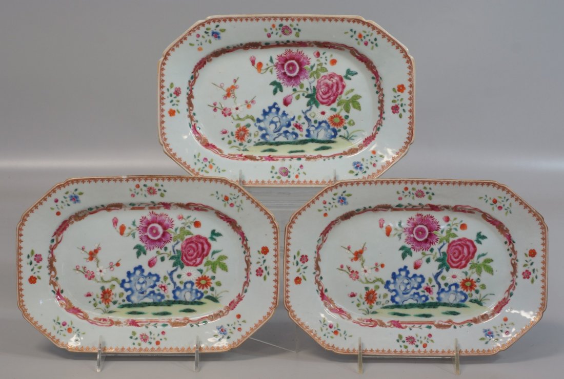 3pc Chinese Export Porcelain, "Famille Rose"platters: 3pc Chinese Export Porcelain, "Famille Rose"platters 10" x 6 3/4"d, minor frits to rim