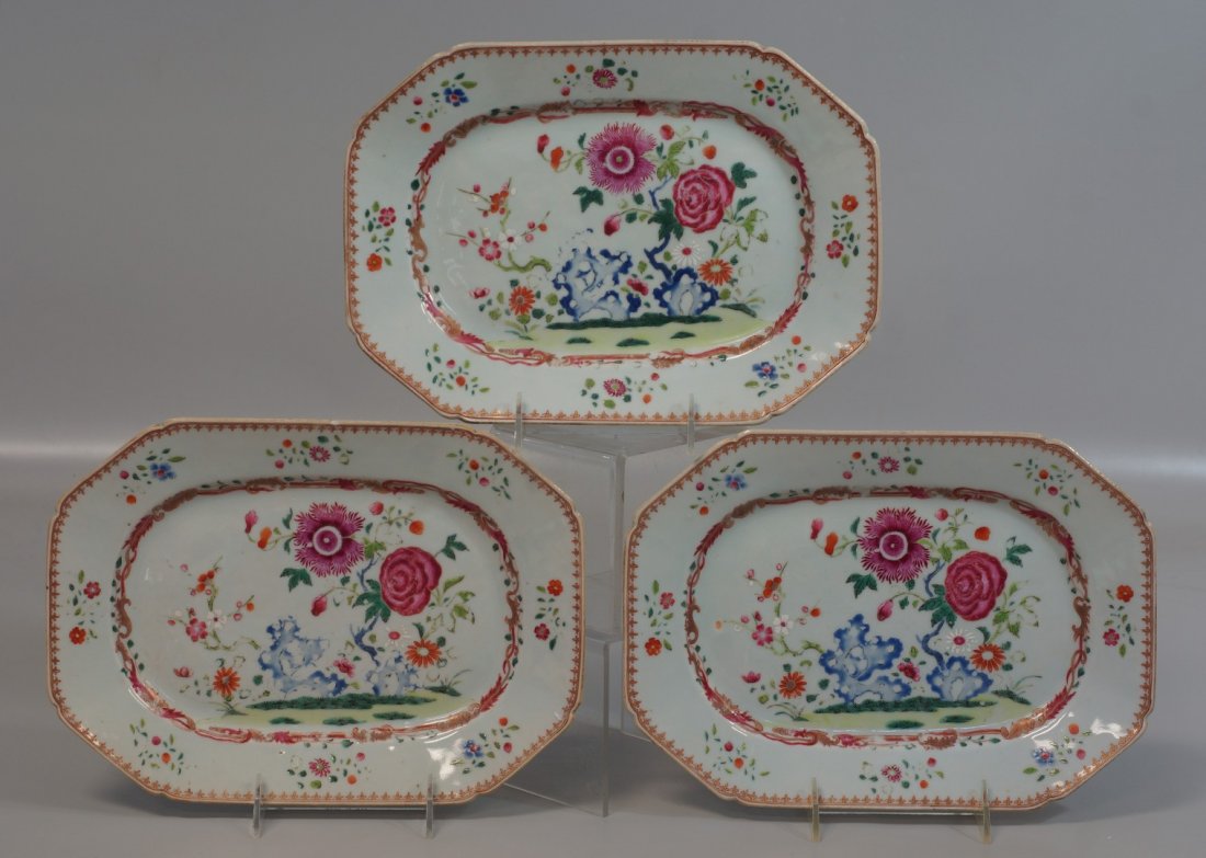 3pc of Chinese Export Porcelain, "Famille Rose": 3pc of Chinese Export Porcelain, "Famille Rose" platters 11 1/2"w x 6 7/8"d, minor frits to rim