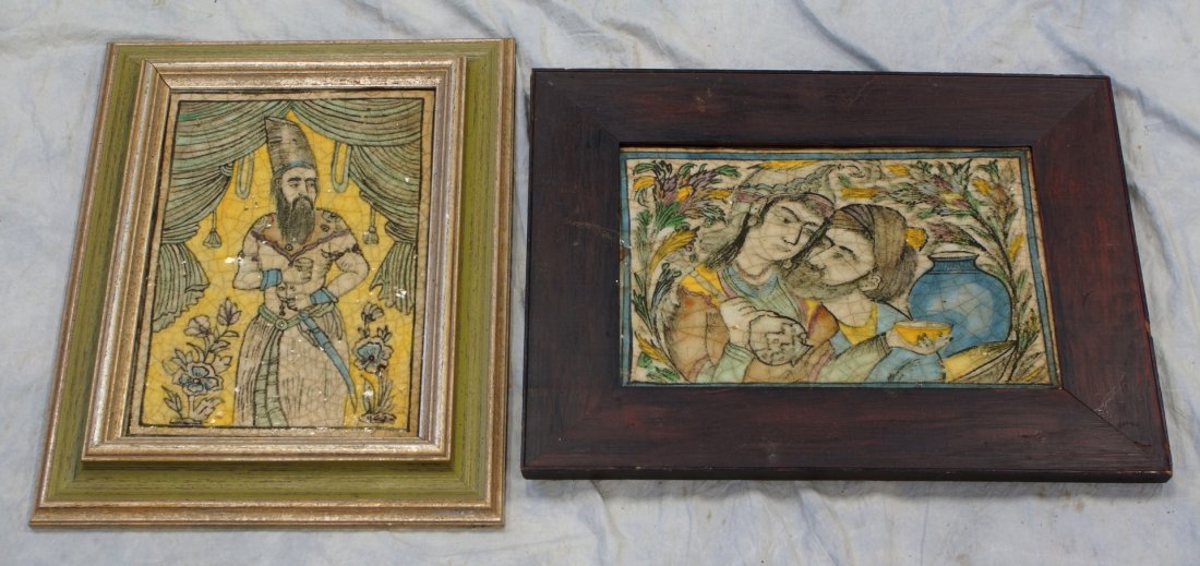(2) framed Persian tiles; (1) is figural warrior, (1): (2) framed Persian tiles; (1) is figural warrior, (1) is romantic couple, largest is approx. 9" x 13 1/2, framed is approx. 15" x 20"