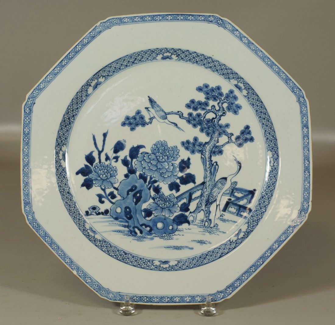 Chinese blue & white octagonal charge; 18th century,: Chinese blue & white octagonal charge; 18th century, minor flaking to rim, 16" in diameter