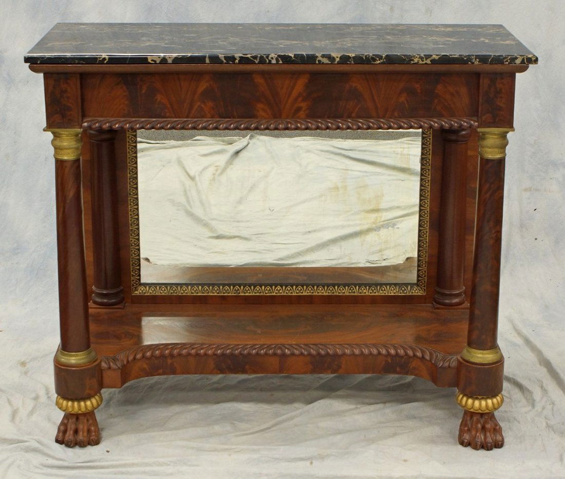 Philadelphia Federal mahogany bronze mounted and gilt: Philadelphia Federal mahogany bronze mounted and gilt marble top foyer table with petticoat mirror, veined marble top, 37 3/4"h x 45"w x 18"d, repair to damage in marble, some scratches, otherwise goo