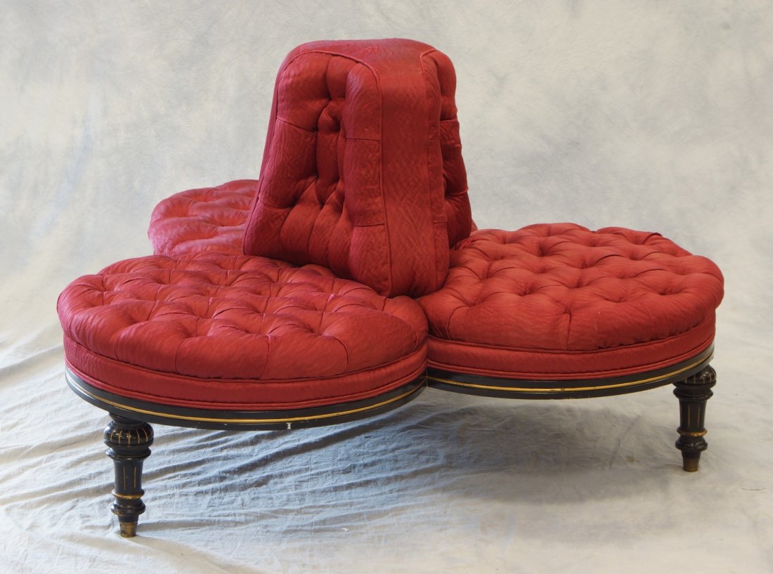 Victorian Ebonized & Gilt wood 3 seat tete a tete,: Victorian Ebonized & Gilt wood 3 seat tete a tete, upholstered in tufted raspberry silk, seats 25" across each, seat height approx 14-1/2", total height approx 29-/12"