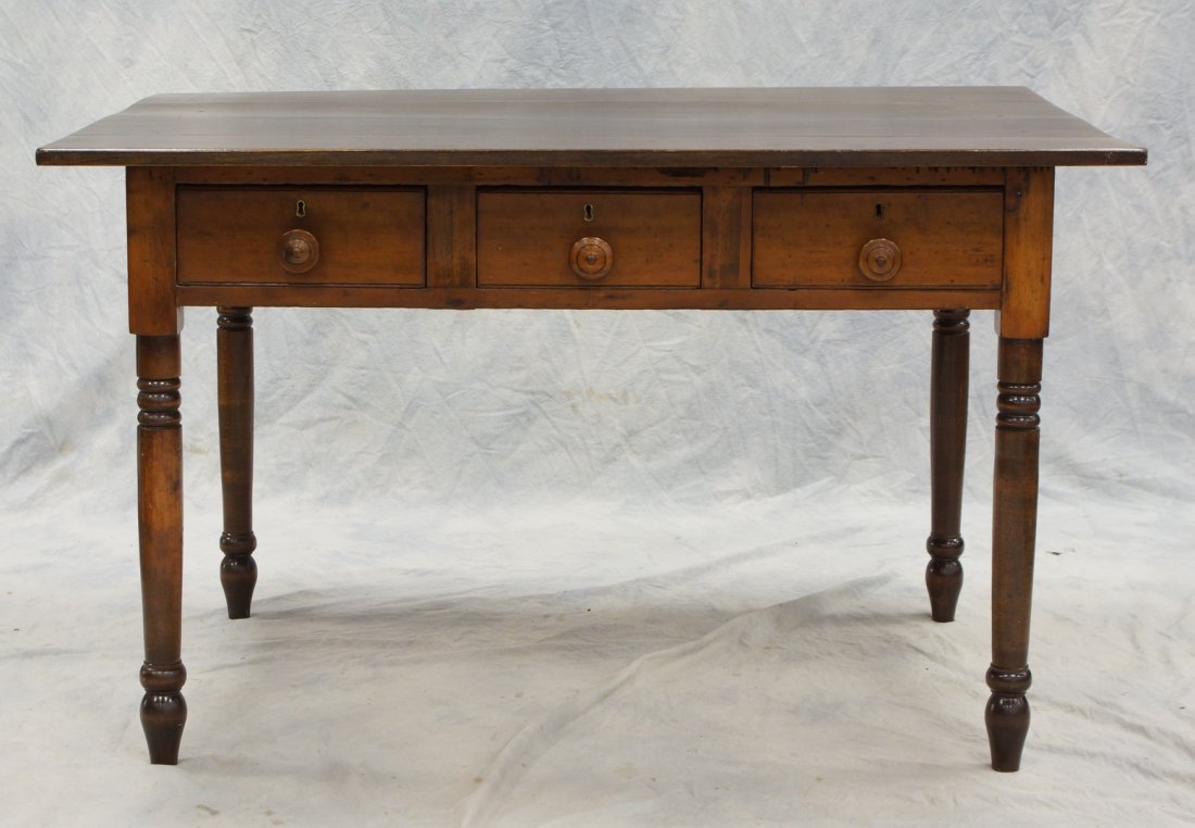 Poplar Sheraton farm table with 3 drawers, 47 1/2" x: Poplar Sheraton farm table with 3 drawers, 47 1/2" x 35", 29" h, refinished, 4 board top my be later