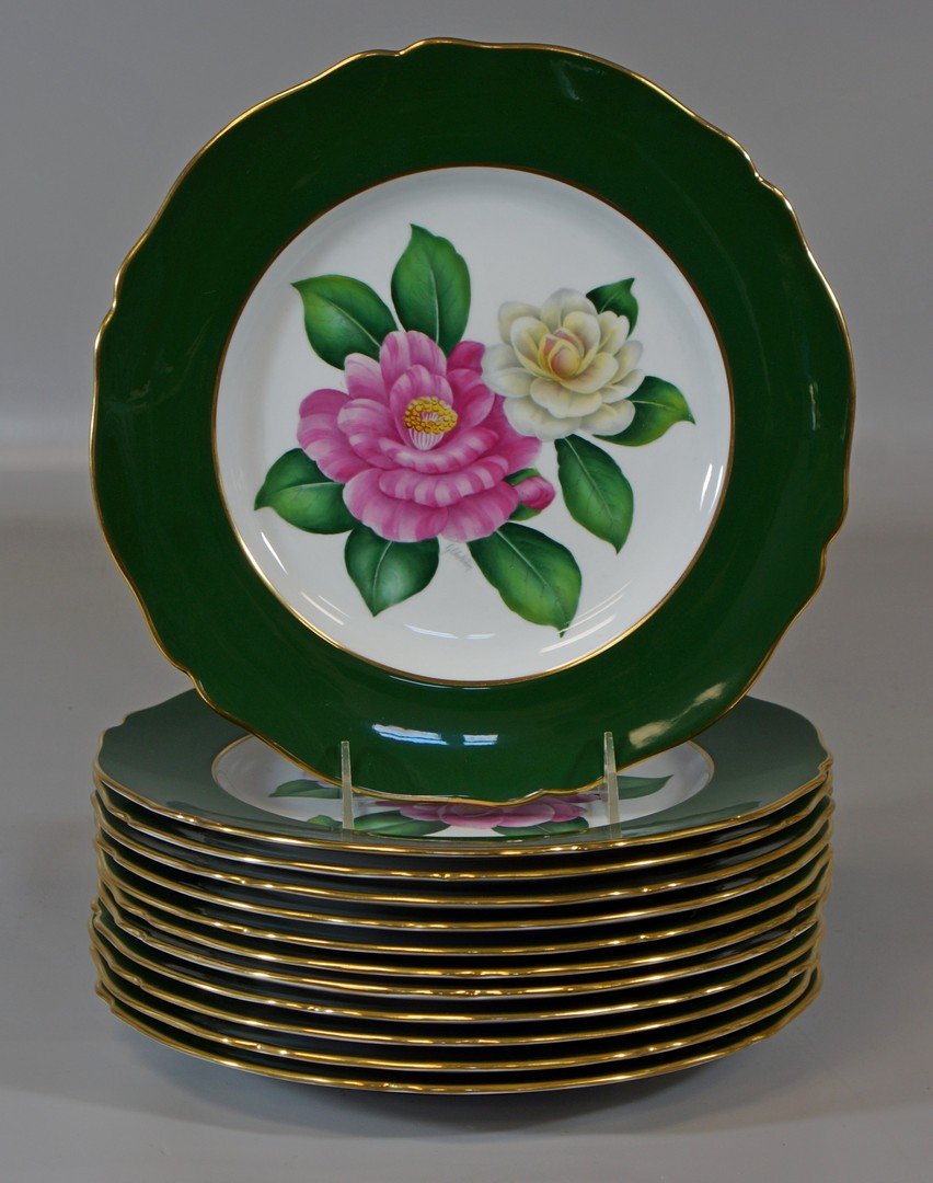 12 Spode Copeland China, dinner plates, all with: 12 Spode Copeland China, dinner plates, all with different flowers, gold highlighted rim and green edge, 10-1/2" diameter