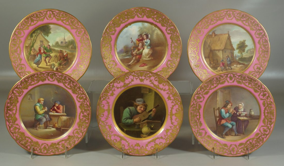 (6) HP Coalport Sevres style porcelain dessert plates,: (6) HP Coalport Sevres style porcelain dessert plates, rose pompadour border with heavy gilt encrusted borders, each with a different scene after Teniers, all retailed by Daniell and Son, London, 9 1/