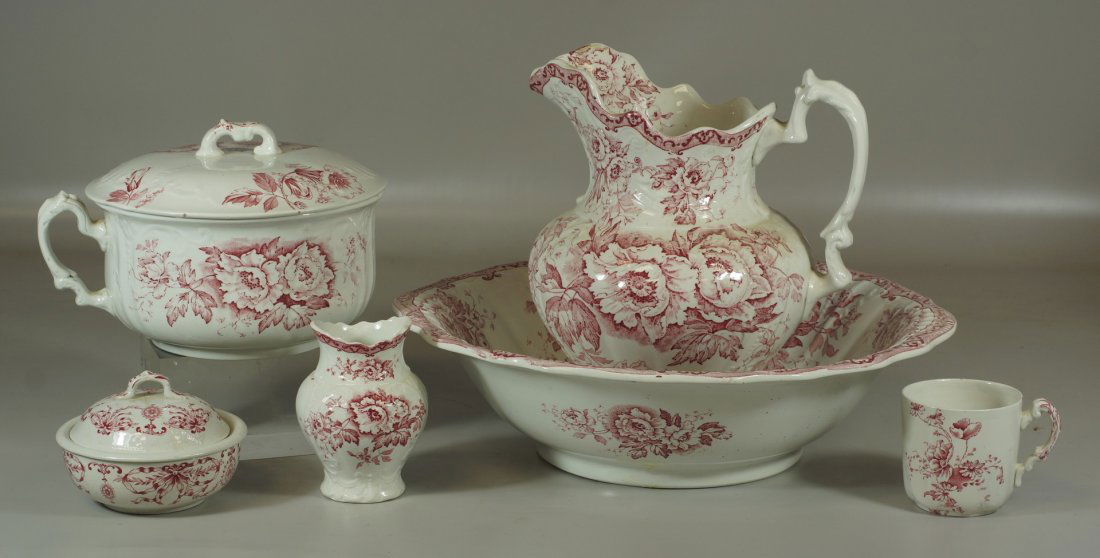 6 piece English chamber set, comprised of chamber pot,: 6 piece English chamber set, comprised of chamber pot, mug, pitcher, bowl, vase and soap dish, Colonial Pottery, Stoke, England in the Irving pattern, floral with ivory ground, 11-1/2" pitcher