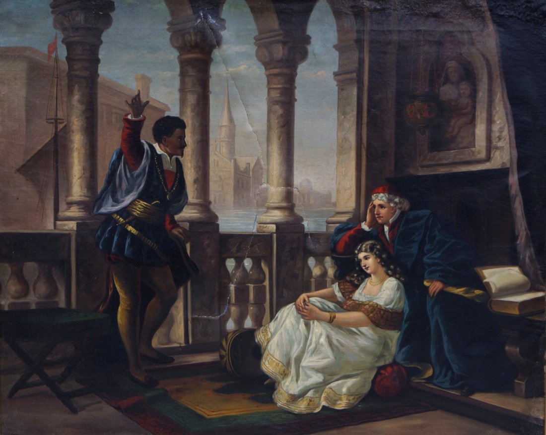 After John Leigh Wardleworth, English, 1863-1925, oil: After John Leigh Wardleworth, English, 1863-1925, oil on canvas, "Othello" 28 1/2" x 35 1/2" sight, 42 1/2" x 49 1/2" overall, multiple tears to canvas: 2 vertical measuring 19 1/2" and 4", 2 horizont