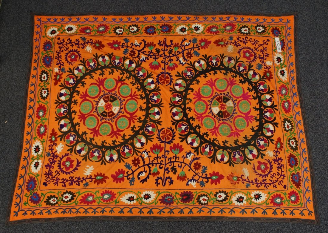 (6) Suzani, 19th/20th Century, Central Asia, silk and: (6) Suzani, 19th/20th Century, Central Asia, silk and cotton, one measures: 59" x 92"