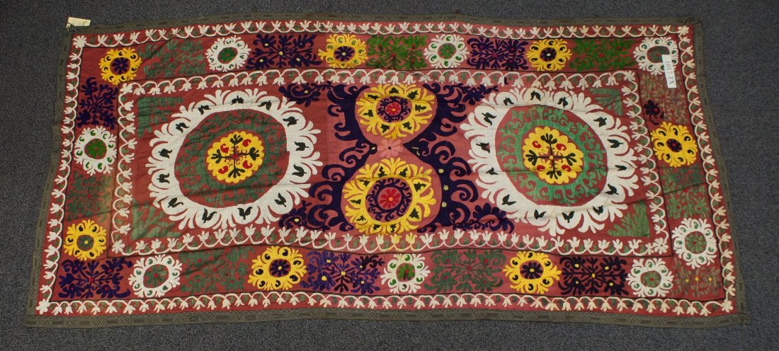 (6) Suzani, 19th/20th Century, Central Asia, silk and: (6) Suzani, 19th/20th Century, Central Asia, silk and cotton, one measures: 68 1/2" x 70 1/2"