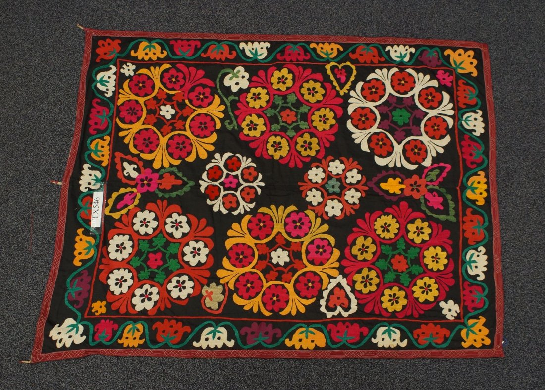 (6) Suzani, 19th/20th Century, Central Asia, silk and: (6) Suzani, 19th/20th Century, Central Asia, silk and cotton, one measures: 52" x 65 1/2"