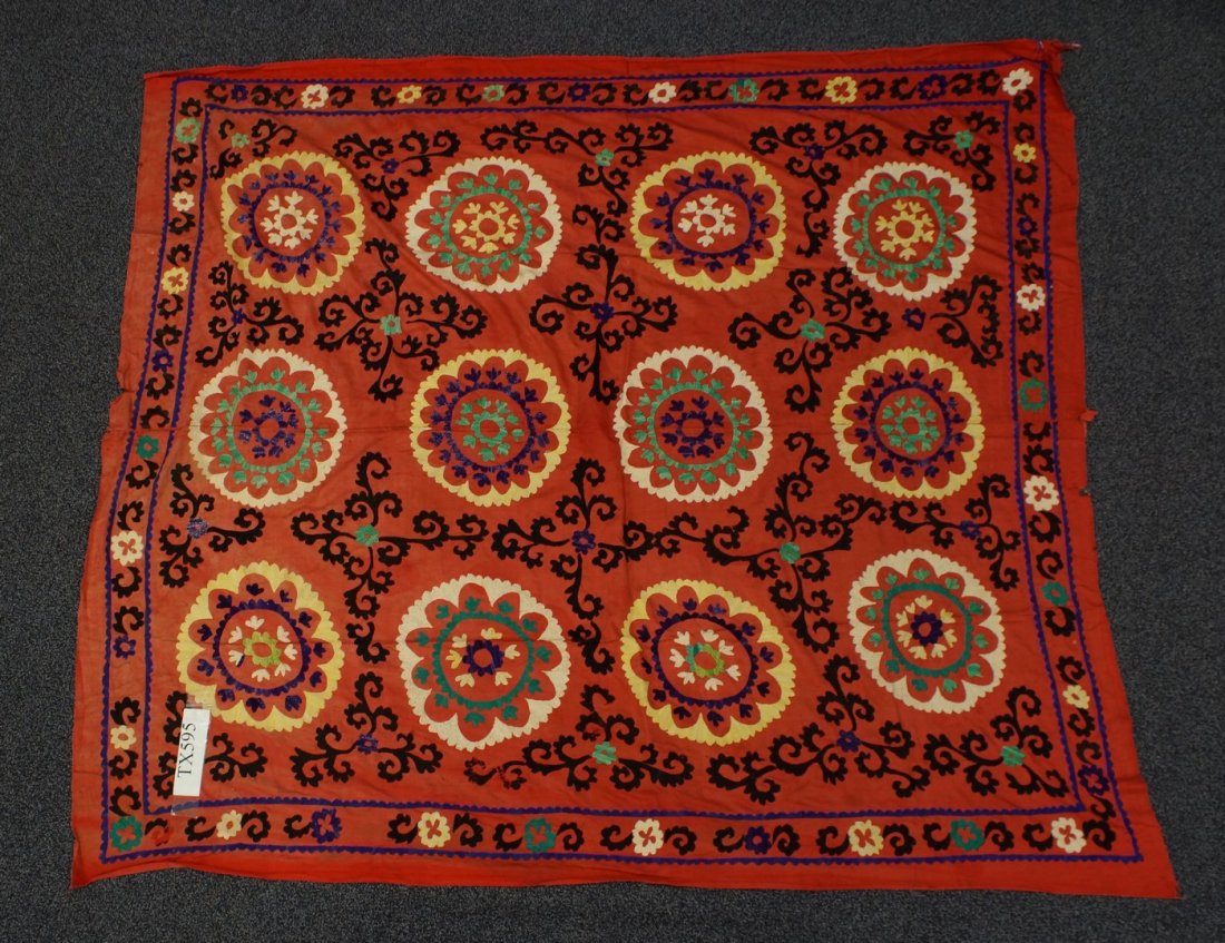 (6) Suzani, 19th/20th Century, Central Asia, silk and: (6) Suzani, 19th/20th Century, Central Asia, silk and cotton, one measures: 66" x 73 1/4"