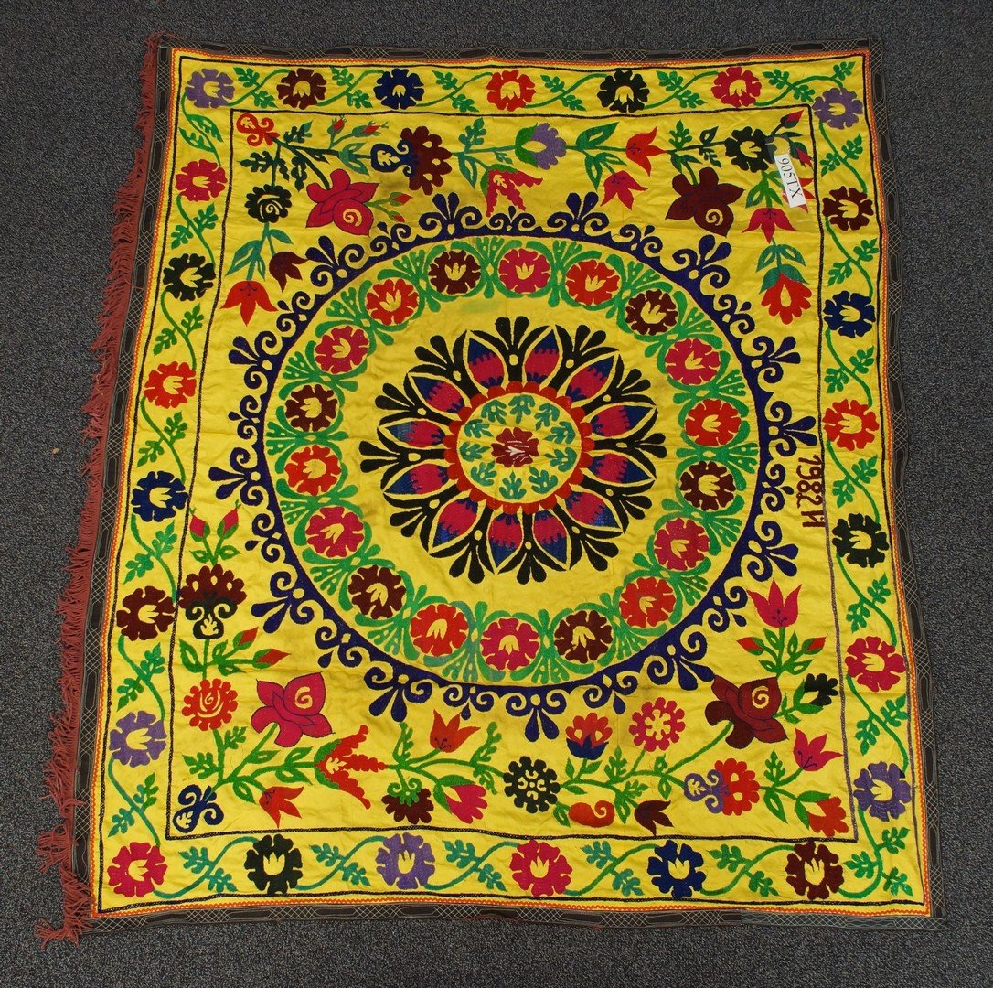(6) Suzani, 19th/20th Century, Central Asia, silk and: (6) Suzani, 19th/20th Century, Central Asia, silk and cotton, one measures: 56 1/2" x 73 1/2"