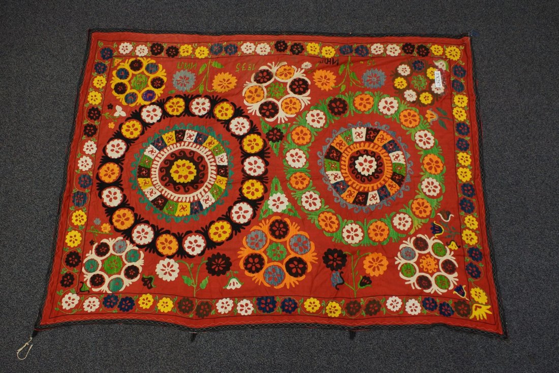 (6) Suzani, 19th/20th Century, Central Asia, silk and: (6) Suzani, 19th/20th Century, Central Asia, silk and cotton, one measures: 61" x 83"