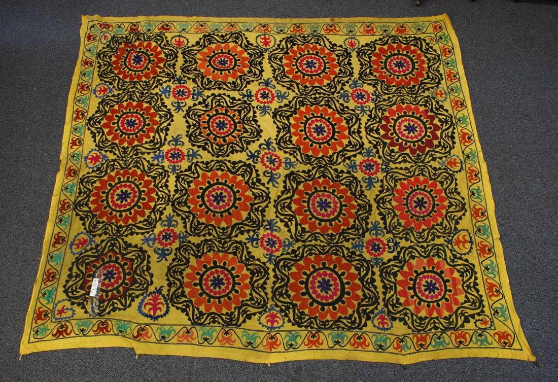 (6) Suzani, 19th/20th Century, Central Asia, silk and: (6) Suzani, 19th/20th Century, Central Asia, silk and cotton, one measures: 46" x 89 1/2"