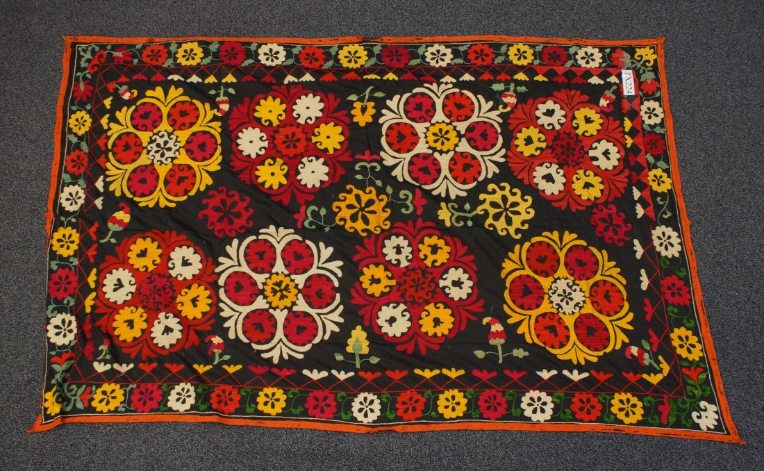 (6) Suzani, 19th/20th Century, Central Asia, silk and: (6) Suzani, 19th/20th Century, Central Asia, silk and cotton, one measures: 90 1/2" x 91"