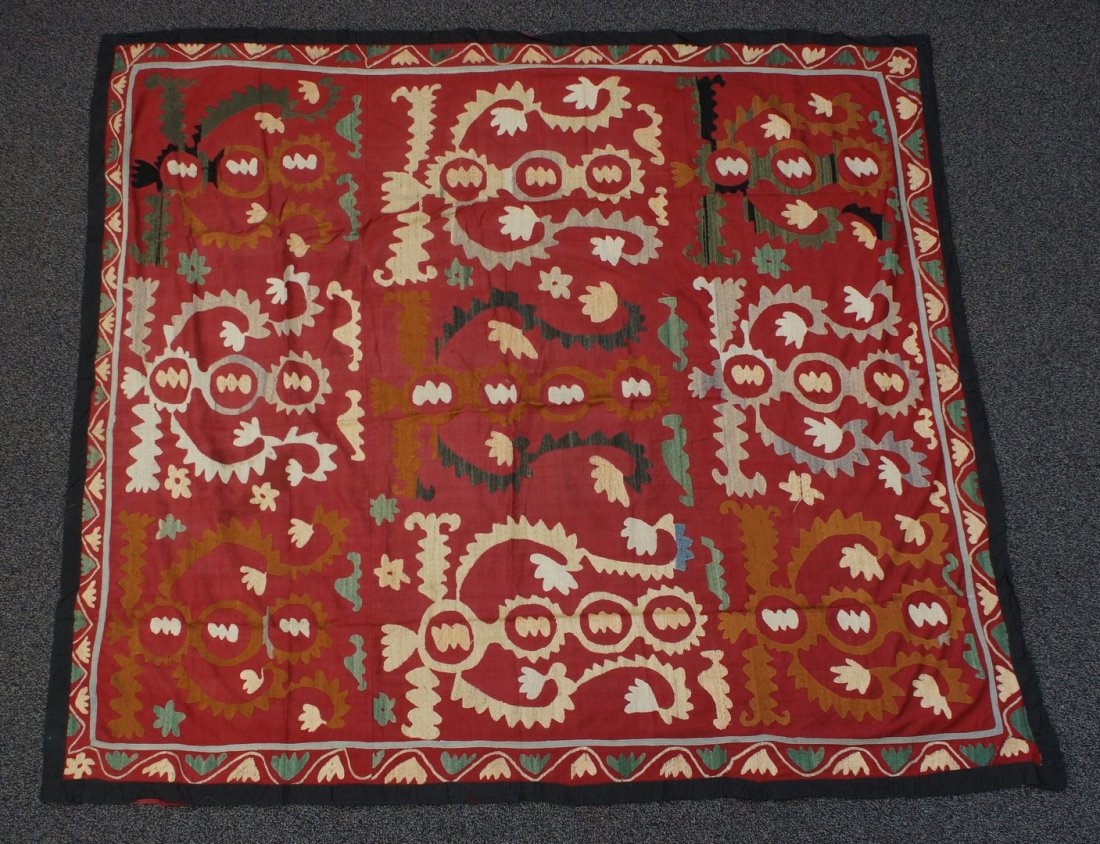 (6) Suzani, 19th/20th Century, Central Asia, silk and: (6) Suzani, 19th/20th Century, Central Asia, silk and cotton, one measures: 55" x 77 1/2"