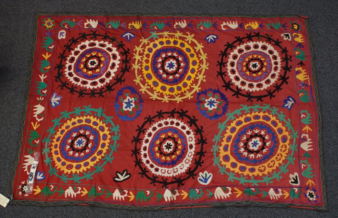 (6) Suzani, 19th/20th Century, Central Asia, silk and: (6) Suzani, 19th/20th Century, Central Asia, silk and cotton, one measures: 66" x 87 1/2"