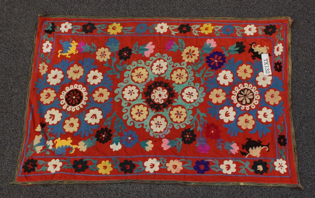 (6) Suzani, 19th/20th Century, Central Asia, silk and: (6) Suzani, 19th/20th Century, Central Asia, silk and cotton, one measures: 57" x 93"