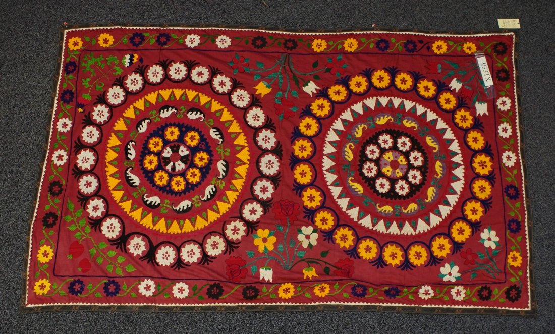 (6) Suzani, 19th/20th Century, Central Asia, silk and: (6) Suzani, 19th/20th Century, Central Asia, silk and cotton, one measures: 79 1/2" x 58"