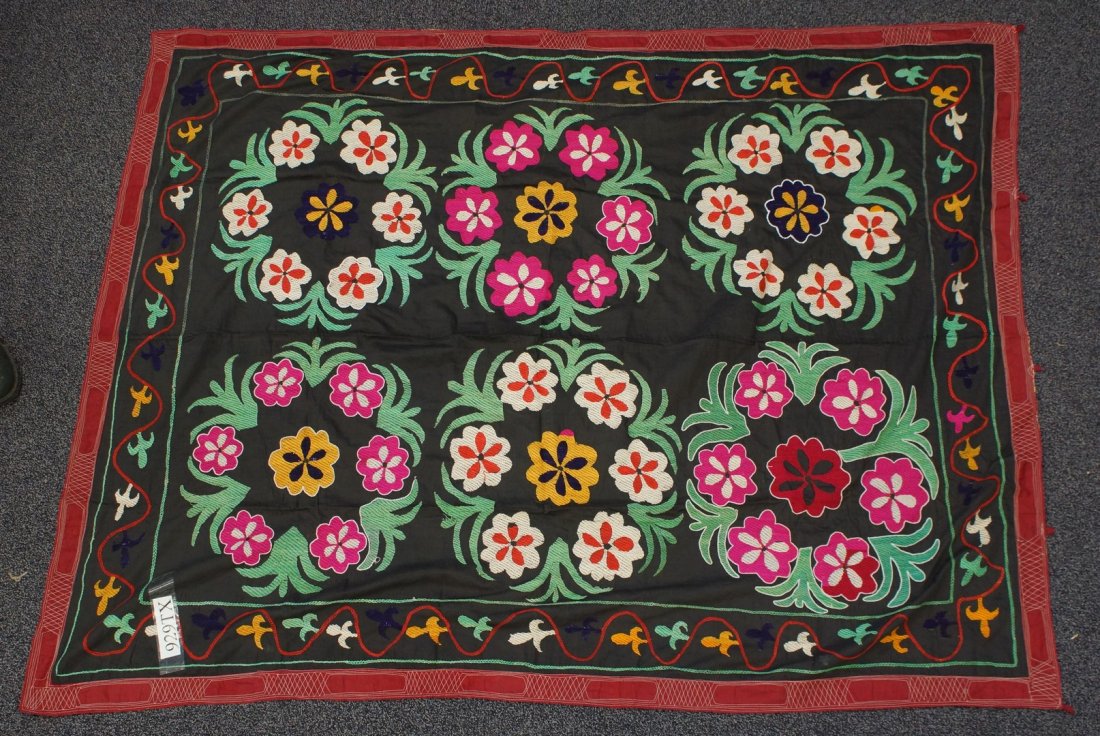 (6) Suzani, 19th/20th Century, Central Asia, silk and: (6) Suzani, 19th/20th Century, Central Asia, silk and cotton, one measures: 63" x 106"