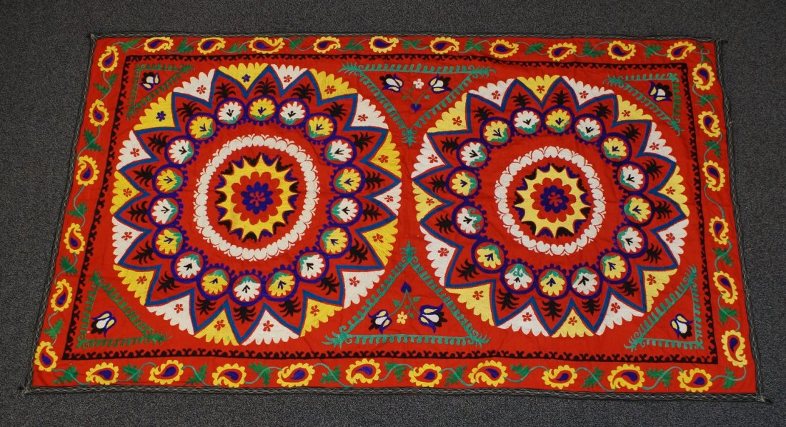 (6) Suzani, 19th/20th Century, Central Asia, silk and: (6) Suzani, 19th/20th Century, Central Asia, silk and cotton, one measures: 77" x 78"