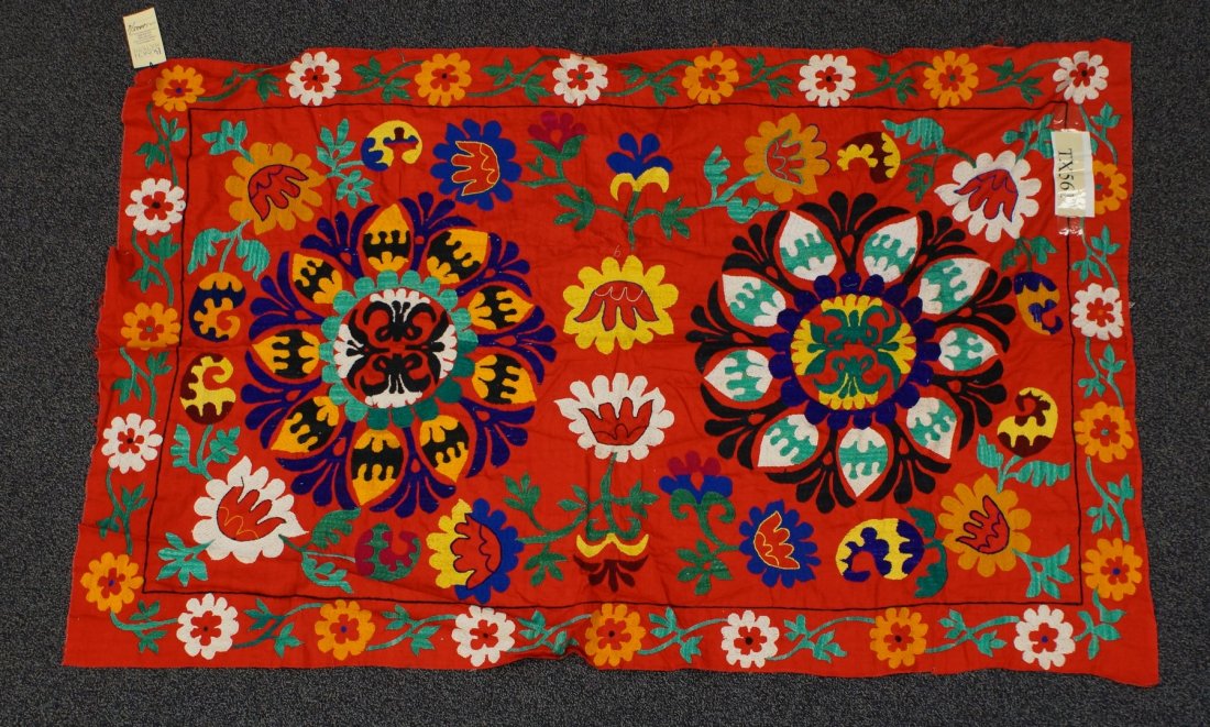 (6) Suzani, 19th/20th Century, Central Asia, silk and: (6) Suzani, 19th/20th Century, Central Asia, silk and cotton, one measures: 69" x 120 1/2"