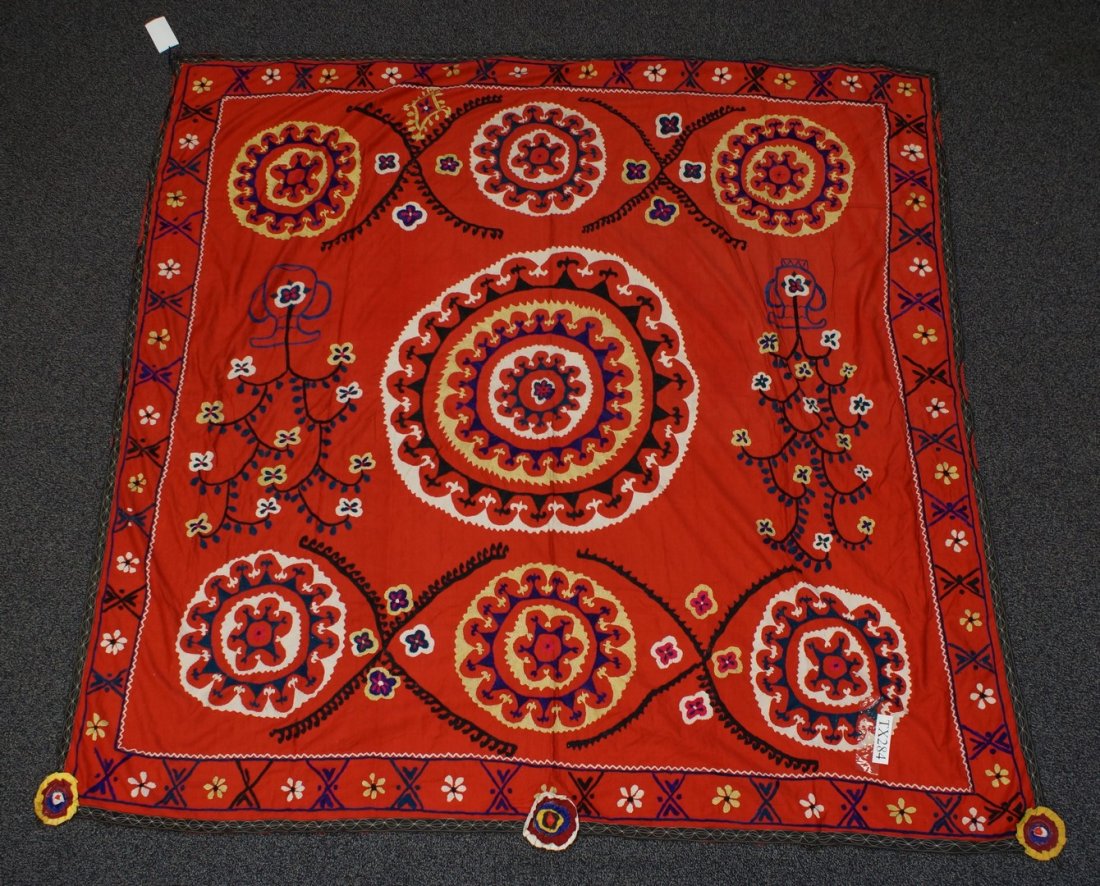 (6) Suzani, 19th/20th Century, Central Asia, silk and: (6) Suzani, 19th/20th Century, Central Asia, silk and cotton, one measures: 81" x 106 1/2"