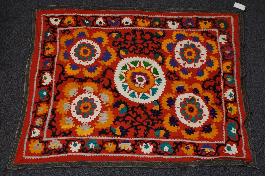 (6) Suzani, 19th/20th Century, Central Asia, silk and: (6) Suzani, 19th/20th Century, Central Asia, silk and cotton, one measures: 57" x 146"