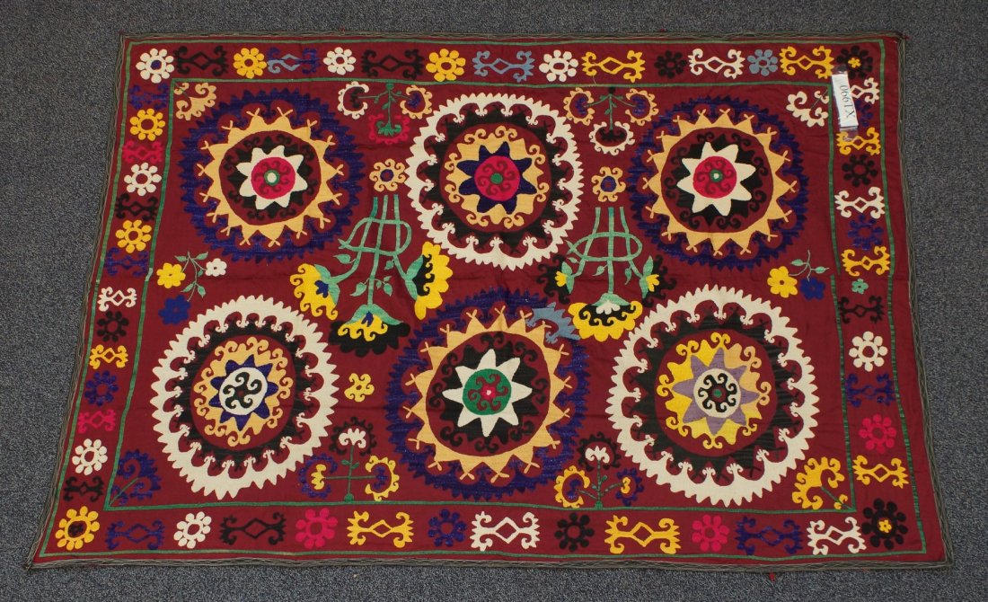 (6) Suzani, 19th/20th Century, Central Asia, silk and: (6) Suzani, 19th/20th Century, Central Asia, silk and cotton, one measures: 55" x 69"