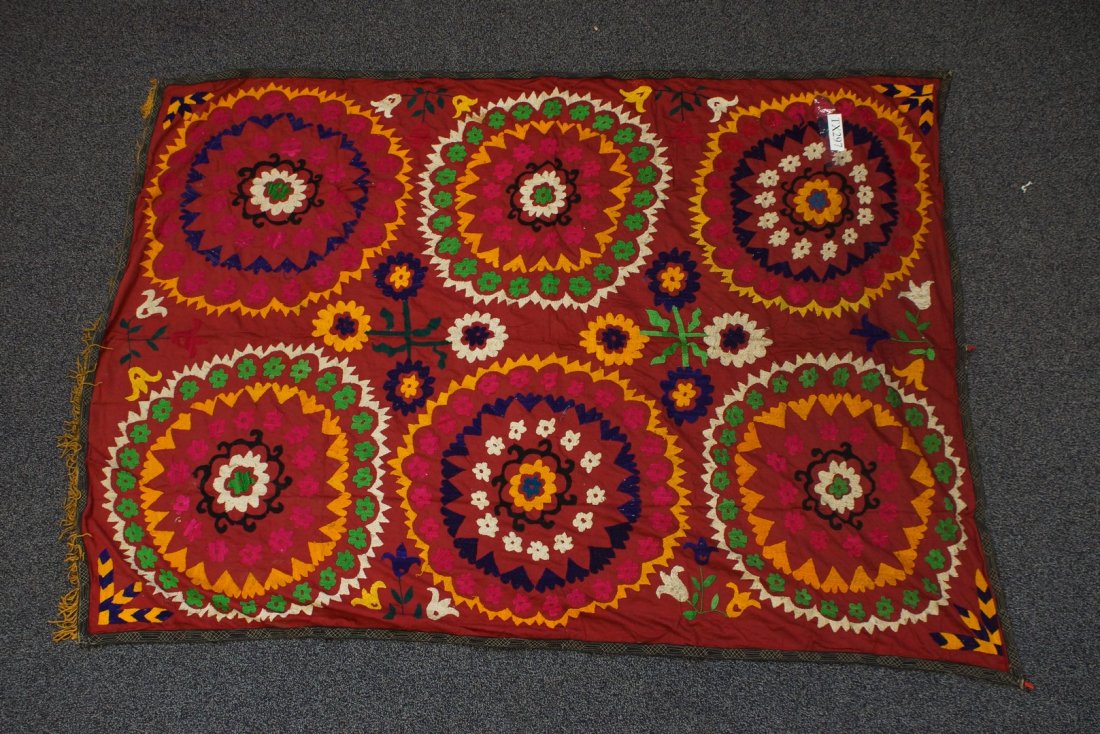(6) Suzani, 19th/20th Century, Central Asia, silk and: (6) Suzani, 19th/20th Century, Central Asia, silk and cotton, one measures: 55" x 95"