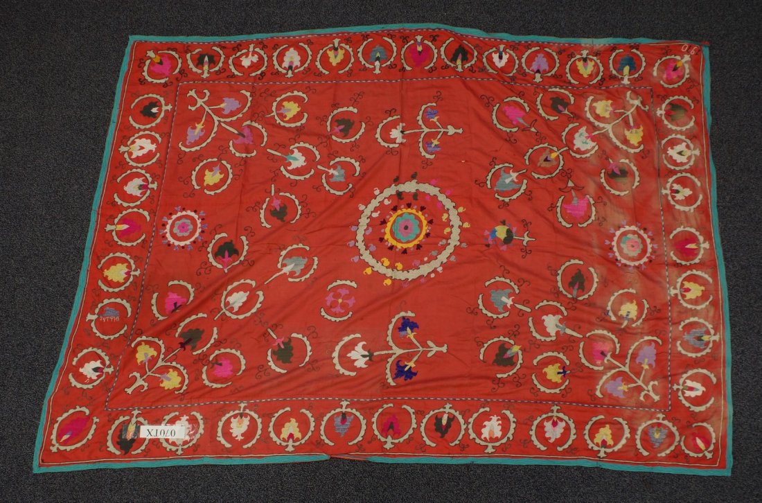 (6) Suzani, 19th/20th Century, Central Asia, silk and: (6) Suzani, 19th/20th Century, Central Asia, silk and cotton, one measures: 88" x 105"